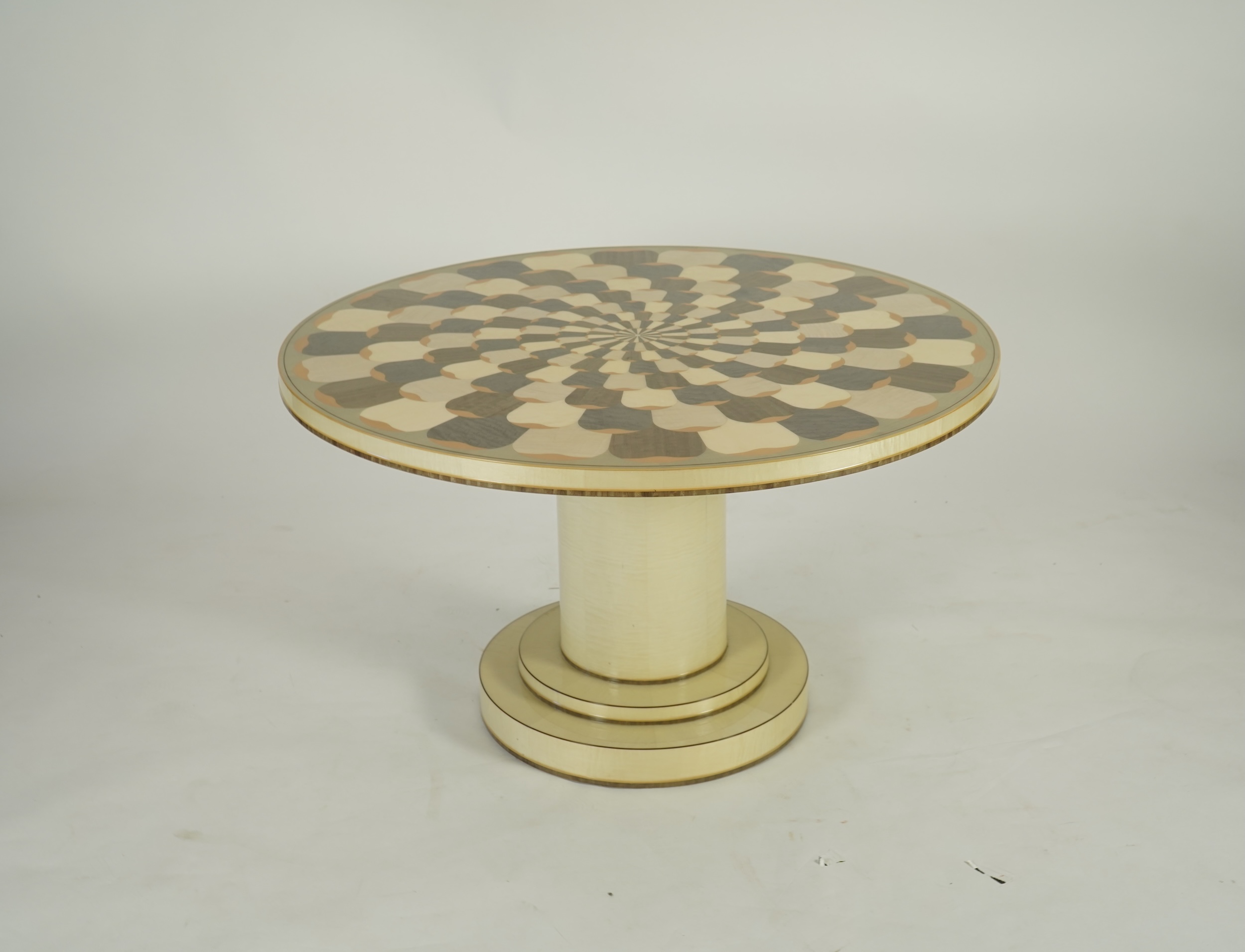 Lignae: A contemporary chrysanthemum and specimen wood inlaid circular tilt top centre table